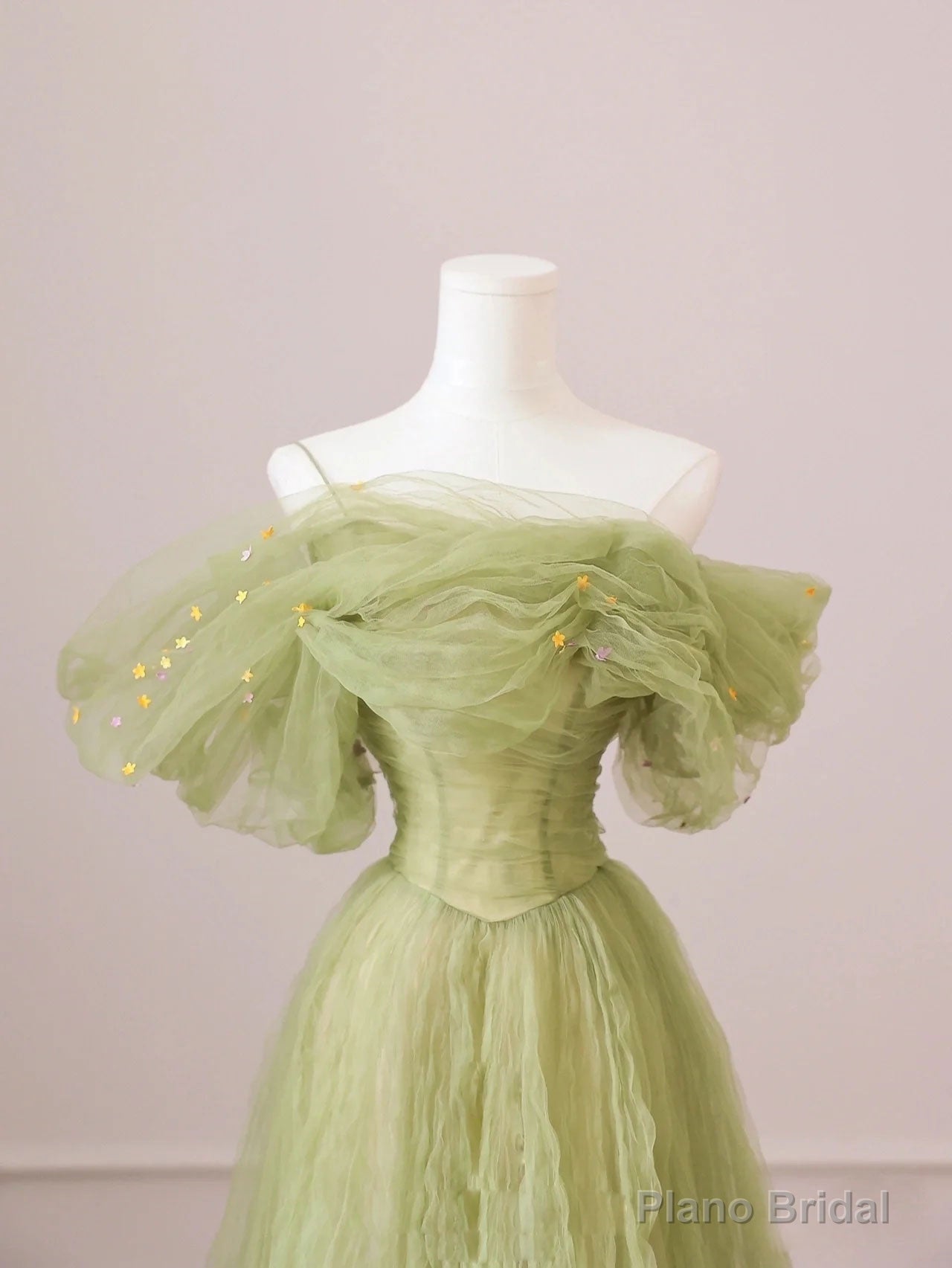 Green Tulle Off Shoulder Long Prom Dresses, Green Tulle Formal Evening Dress Secondary image