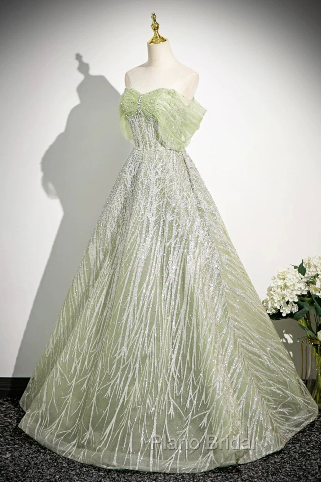 Green Tulle Sequins Long Formal Prom Dresses, Beautiful Off The Shoulder Party Dresses Secondary image