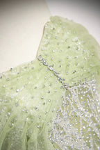 Green Tulle Sequins Long Formal Prom Dresses, Beautiful Off The Shoulder Party Dresses
