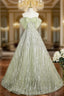 Green Tulle Sequins Long Formal Prom Dresses, Beautiful Off The Shoulder Party Dresses