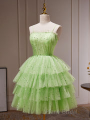 Green Tulle Short Formal Prom Dress, Cute Green Homecoming Dresses