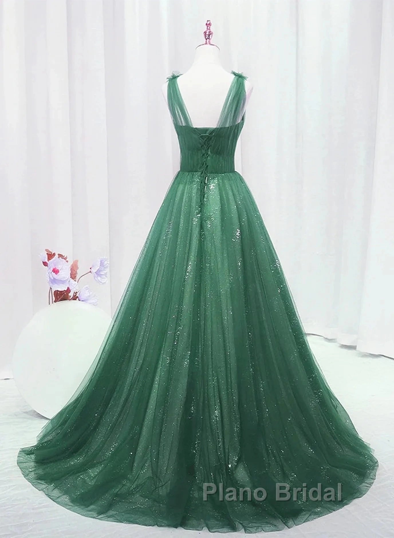 Green Tulle V Neck Beading Appliques Formal Prom Dresses Secondary image