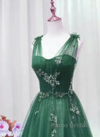 Green Tulle V Neck Beading Appliques Formal Prom Dresses
