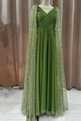 Green Tulle V-Neck Dresses With Beaded Cape