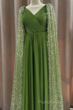 Green Tulle V-Neck Dresses With Beaded Cape