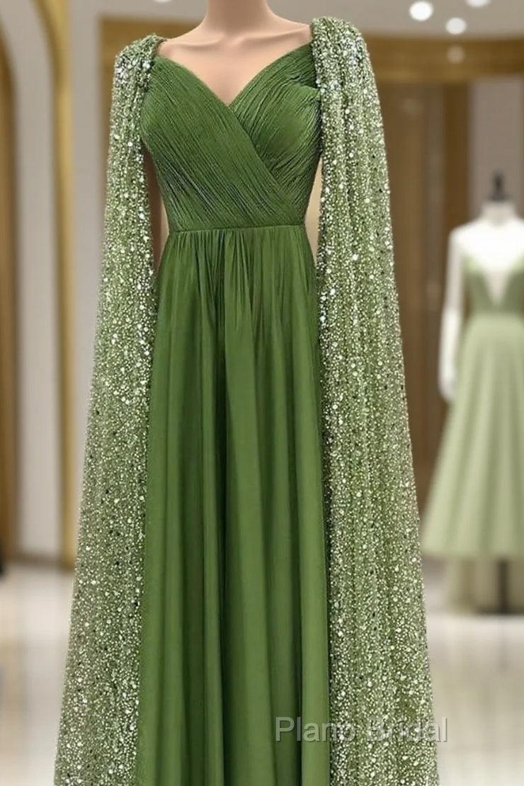 Green Tulle V-Neck Dresses With Beaded Cape Main image
