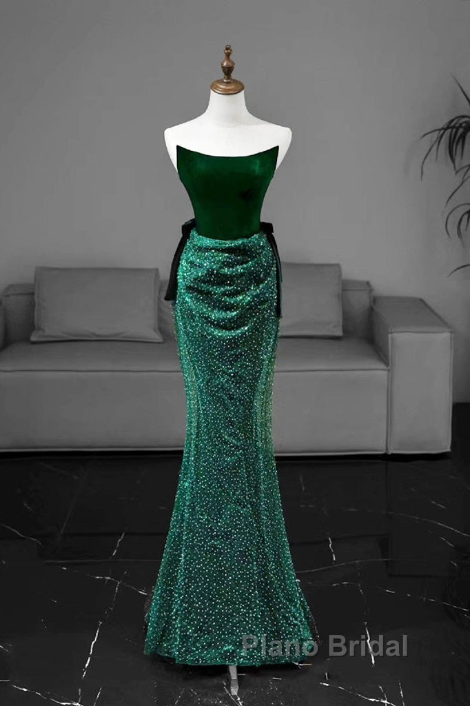Green Tulle Velvet Long Formal Prom Dresses, Green Long Formal Dresses