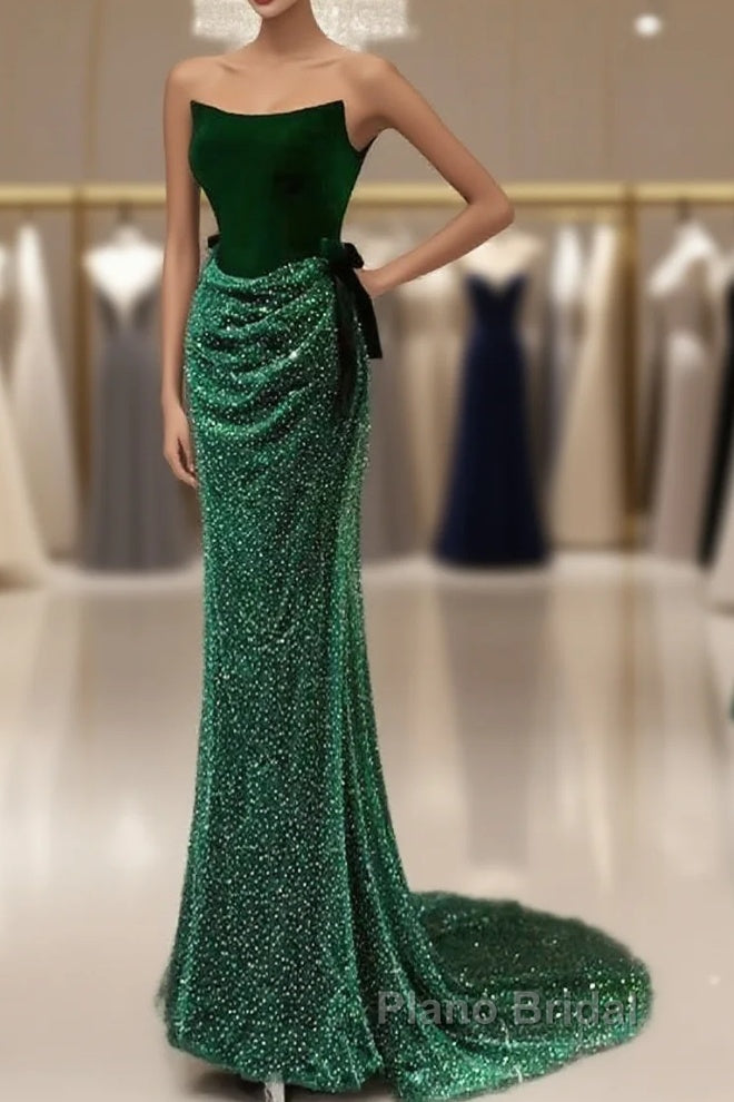 Green Tulle Velvet Long Formal Prom Dresses, Green Long Formal Dresses