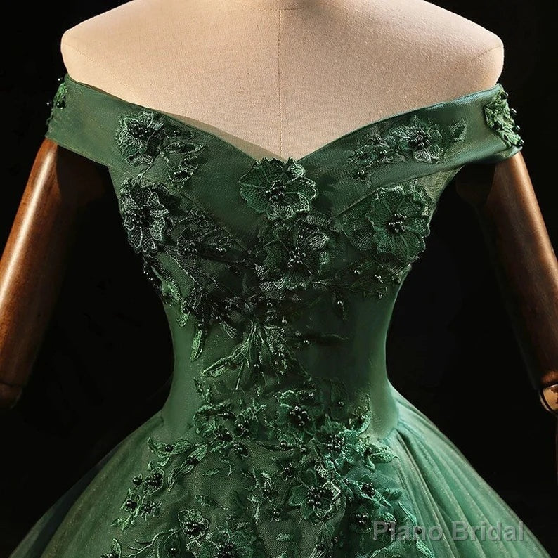 Green Tulle with Lace Applique Long Prom Dress, Green Sweet 16 Dresses