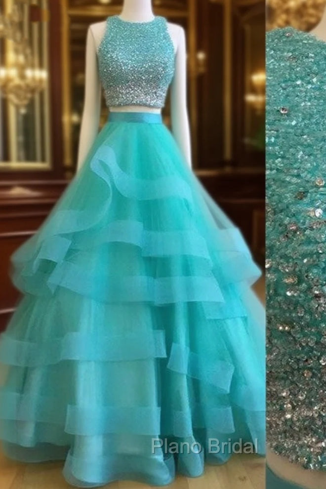 Green Two Pieces Sequin Long Formal Prom Gown, Green Evening Dresses Main image