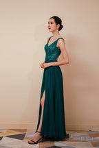 V-Neck Chiffon Appliques A Line Long Prom Dresses