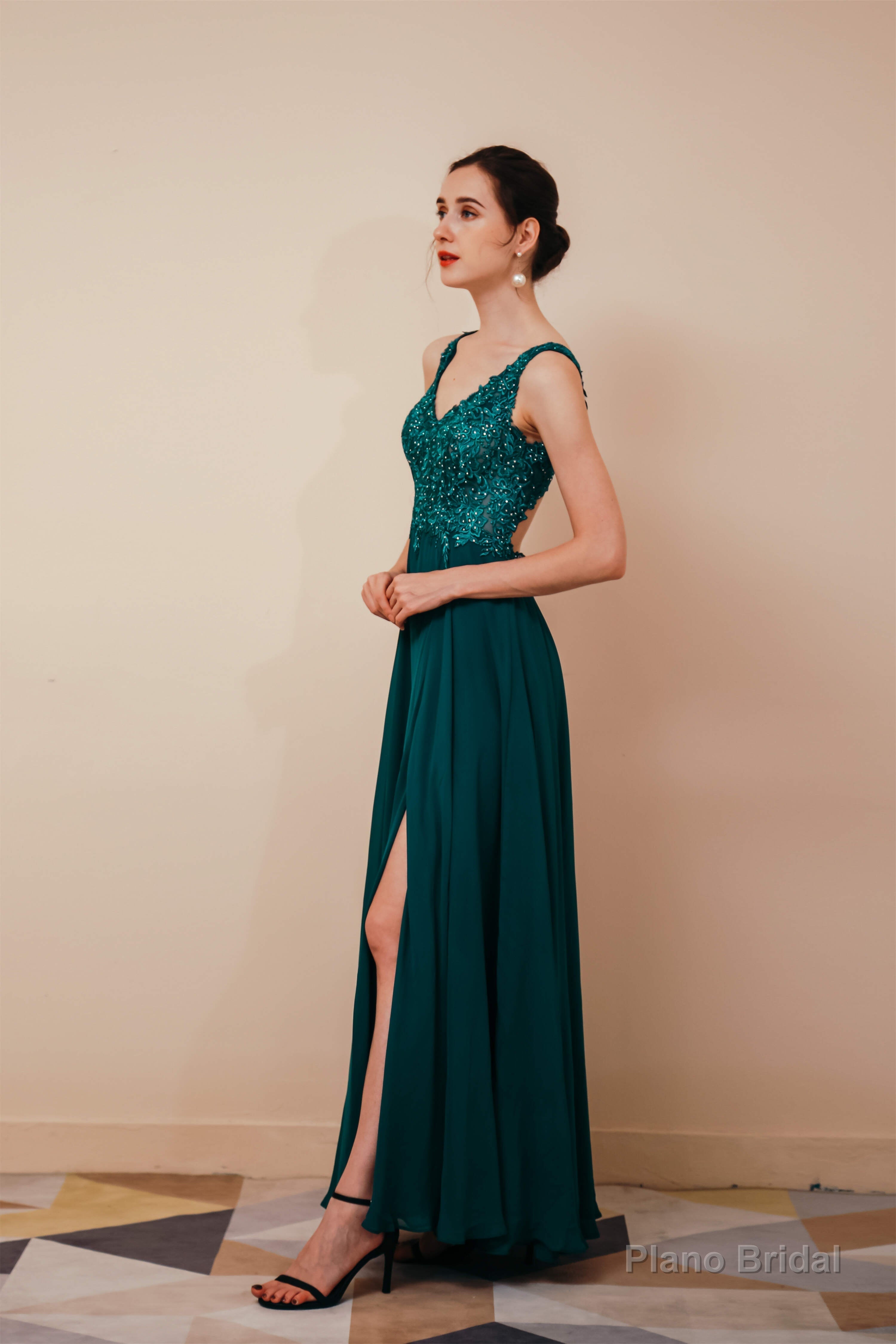 V-Neck Chiffon Appliques A Line Long Prom Dresses