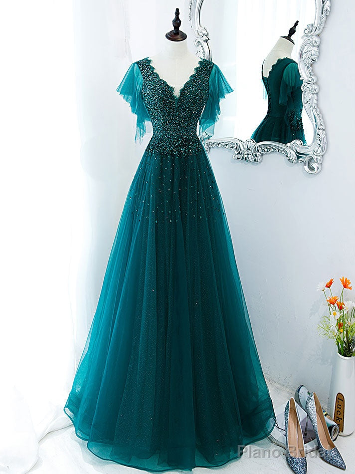 Green V Neck Sequin Beads Long Prom Dress, Green Formal Bridesmaid Dresses Secondary image