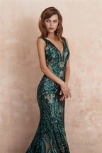 V-Neck Sequins Mermaid Sleeveless Lace-up Prom Dresses