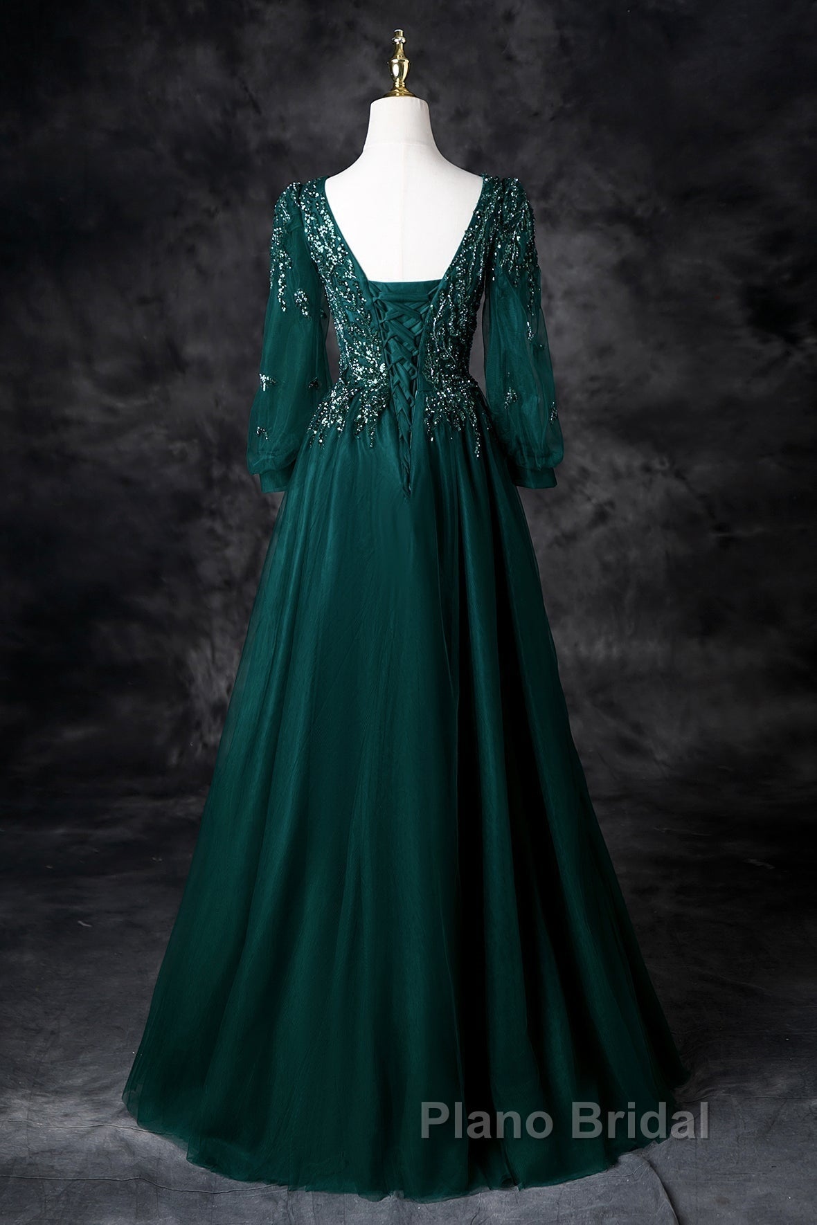 Green V-Neck Tulle Beads Long Formal Prom Dresses, Elegant Long Sleeve Evening Party Dresses