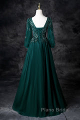 Green V-Neck Tulle Beads Long Formal Prom Dresses, Elegant Long Sleeve Evening Party Dresses
