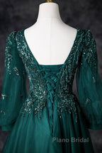 Green V-Neck Tulle Beads Long Formal Prom Dresses, Elegant Long Sleeve Evening Party Dresses