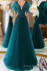 Green v neck tulle beads long Formal Prom dress, green tulle formal dress