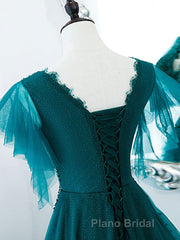Green v neck tulle beads long Formal Prom dress, green tulle formal dress