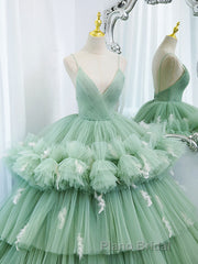 Green v neck tulle long Formal Prom gown, green tulle sweet 16 dress