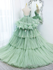 Green v neck tulle long Formal Prom gown, green tulle sweet 16 dress