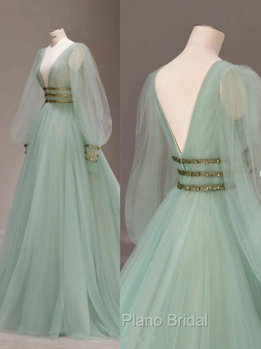 Green V Neck Tulle Sequin Long Formal Prom Dresses, Green Evening Dresses Secondary image