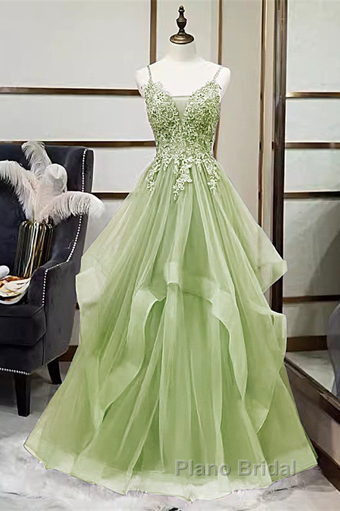 Green V-Neckline Tulle With Lace Applique Formal Prom Dresses, Green Layers Tulle Party Dresses Secondary image