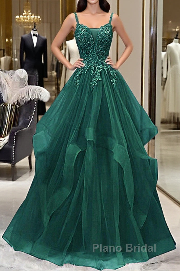 Green V-Neckline Tulle With Lace Applique Formal Prom Dresses, Green Layers Tulle Party Dresses Main image
