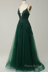Green V-Neckline Tulle With Lace Cross Back, Green Tulle Formal Prom Dresses