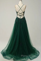 Green V-Neckline Tulle With Lace Cross Back, Green Tulle Formal Prom Dresses