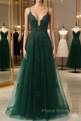 Green V-Neckline Tulle With Lace Cross Back, Green Tulle Formal Prom Dresses