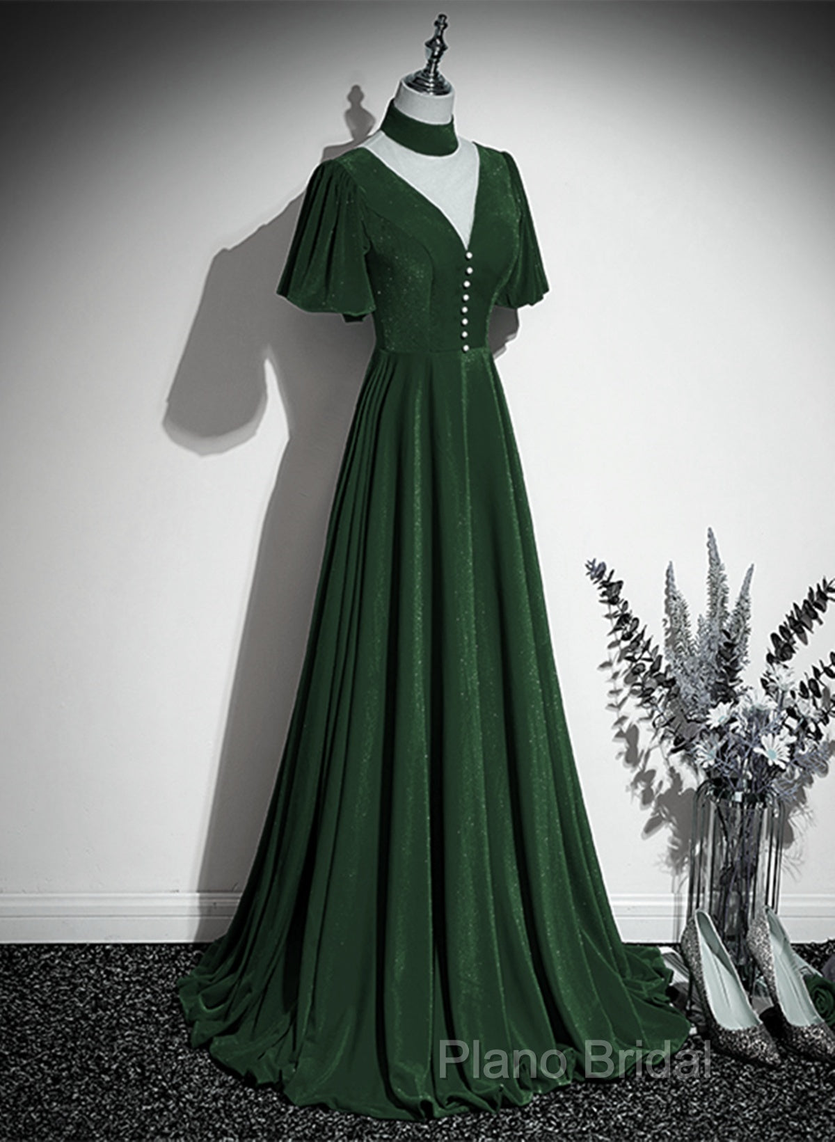 Green Velvet A-Line Short Sleeves Long Party Dresses, Green Long Formal Prom Dresses Secondary image