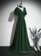 Green Velvet A-Line Short Sleeves Long Party Dresses, Green Long Formal Prom Dresses
