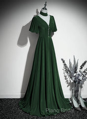 Green Velvet A-Line Short Sleeves Long Party Dresses, Green Long Formal Prom Dresses