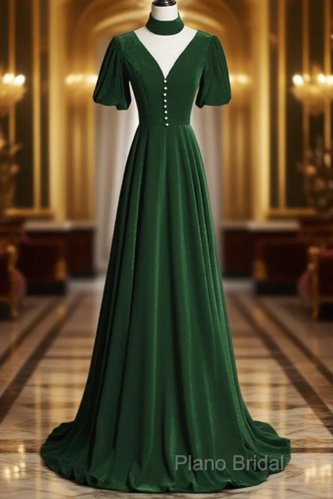 Green Velvet A-Line Short Sleeves Long Party Dresses, Green Long Formal Prom Dresses Main image