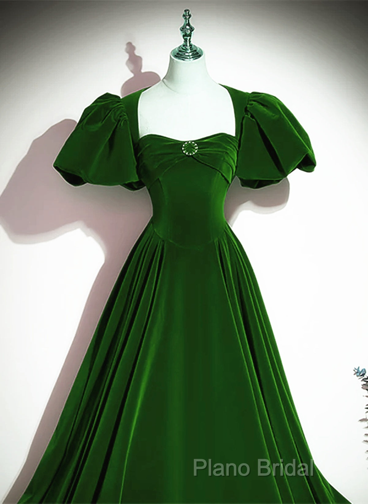 Green Velvet Backless Long Party Dresses, Green Short Sleeves Formal Dresses Formal Prom Dresses
