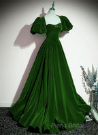 Green Velvet Backless Long Party Dresses, Green Short Sleeves Formal Dresses Formal Prom Dresses