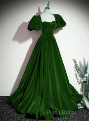 Green Velvet Backless Long Party Dresses, Green Short Sleeves Formal Dresses Formal Prom Dresses