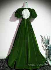 Green Velvet Backless Long Party Dresses, Green Short Sleeves Formal Dresses Formal Prom Dresses