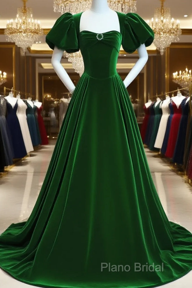 Green Velvet Backless Long Party Dresses, Green Short Sleeves Formal Dresses Formal Prom Dresses Main image