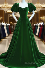 Green Velvet Backless Long Party Dresses, Green Short Sleeves Formal Dresses Formal Prom Dresses