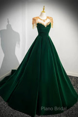 Green Velvet Beaded Long Formal Prom Dresses, A-Line Beautiful Formal Party Dresses
