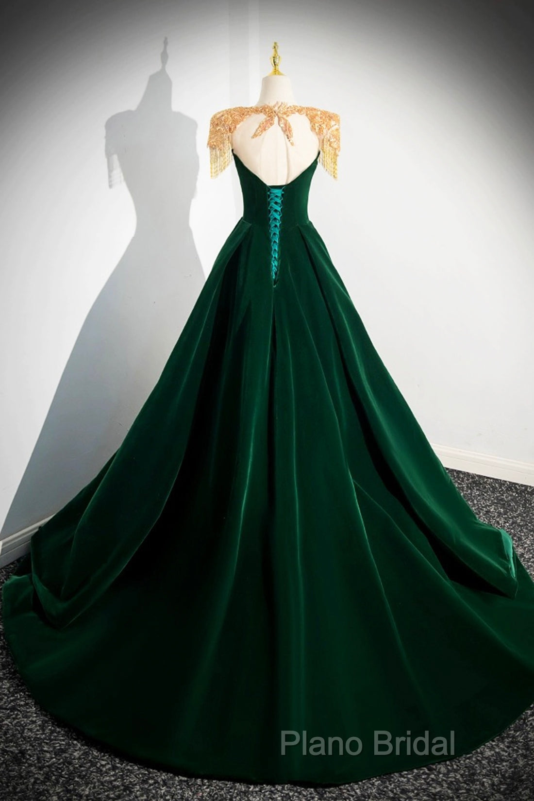 Green Velvet Beaded Long Formal Prom Dresses, A-Line Beautiful Formal Party Dresses