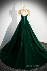 Green Velvet Beaded Long Formal Prom Dresses, A-Line Beautiful Formal Party Dresses