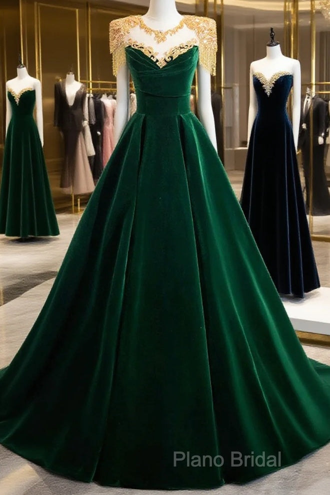 Green Velvet Beaded Long Formal Prom Dresses, A-Line Beautiful Formal Party Dresses