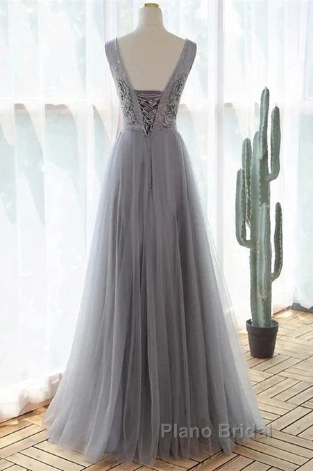 Grey A-Line Tulle With Lace Long Formal Dresses V-Neckline Formal Prom Dresses Sleeveless December Wedding Guest Dresses