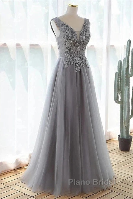 Grey A-Line Tulle With Lace Long Formal Dresses V-Neckline Formal Prom Dresses Sleeveless December Wedding Guest Dresses