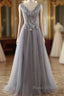 Grey A-Line Tulle With Lace Long Formal Dresses V-Neckline Formal Prom Dresses Sleeveless December Wedding Guest Dresses
