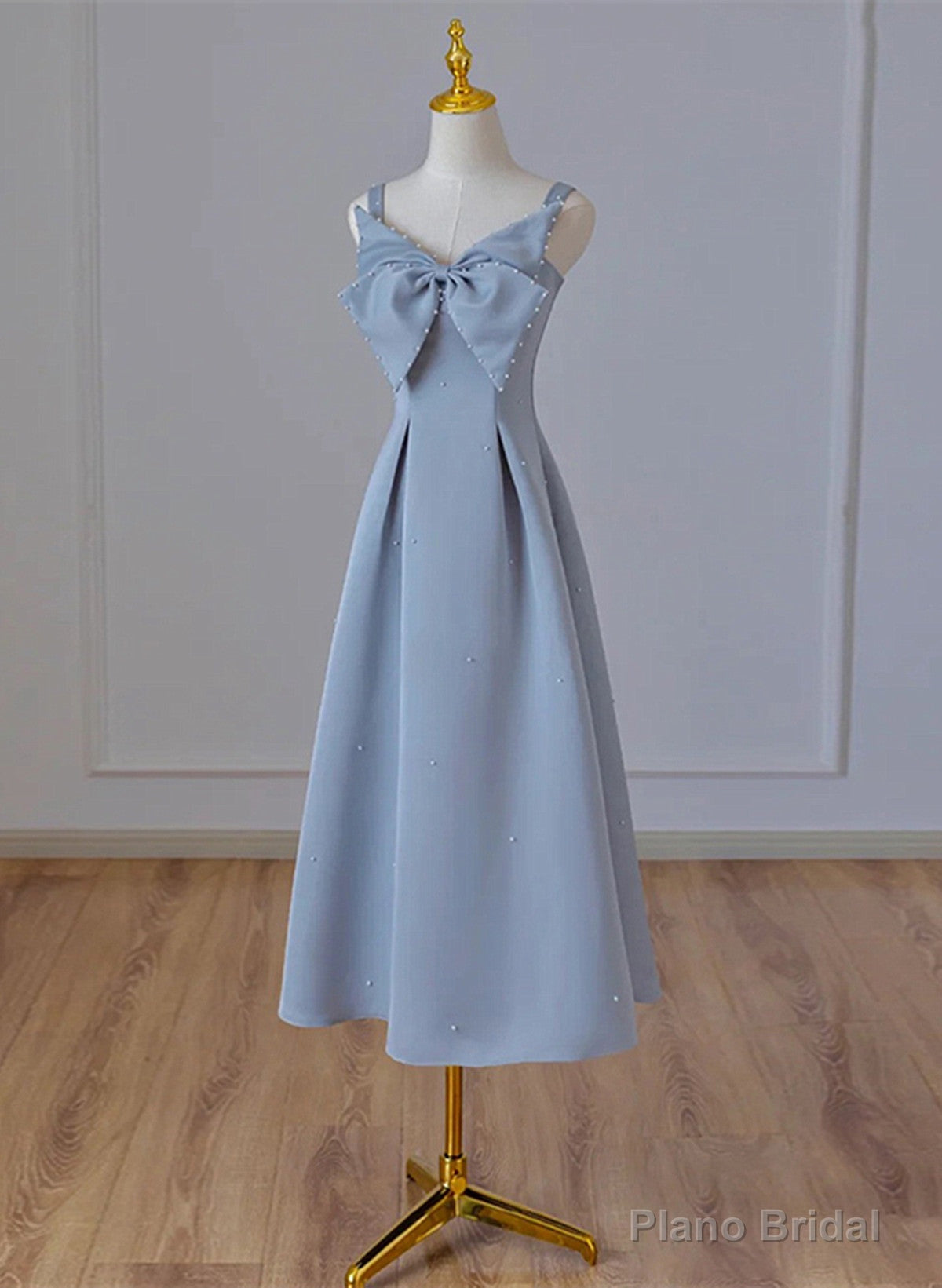 Grey Blue Tea Length Satin Straps Formal Dress, A-line Wedding Party Dress Main image