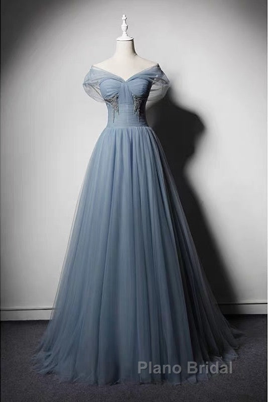 Grey-Blue Tulle Off Shoulder Beaded Long Formal Prom Dresses Party Dresses, Long Evening Gowns